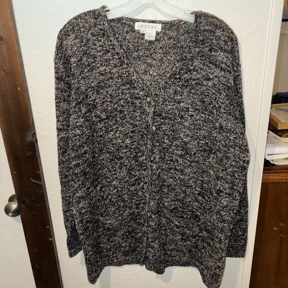 vtg karen kane wool blend xl sweater black speckled button long sleeve Pockets